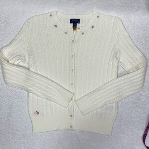 NWT polo Ralph Lauren fine cable knit embroidered cardigan cream sweater xl 16